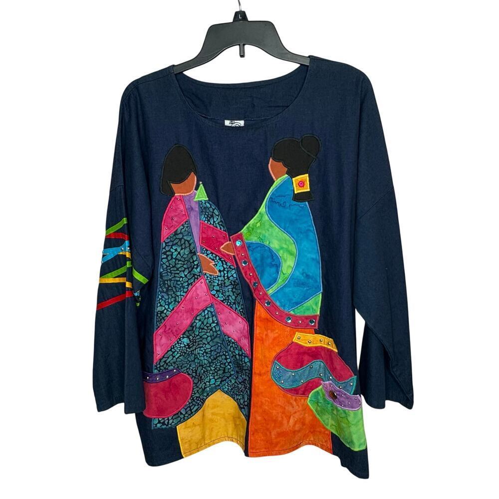 Alfredo's Wife Native American Denim Studs Applique Wearable Art Top Size Large